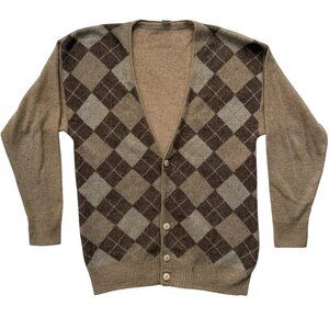VINTAGE 70s Argyle Indie Grunge Grandpa Tan Brown Cardigan Sweater M/L